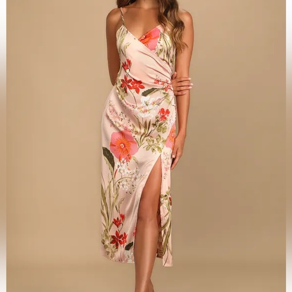 Lulus Dresses & Skirts - Lulus pink floral print satin midi dress wedding guest final size M